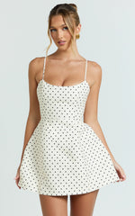 Carolina Mini Dress - Scoop Neck Panel Bodice Dress in White Polka Dot