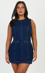 Olenna Mini Dress - High Neck Fitted Denim Dress in Indigo Wash
