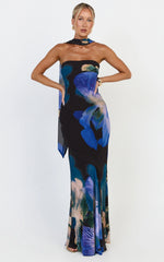Solara Maxi Dress - Strapless Bias Column Dress with Scarf in Midnight Resort Orchid Print