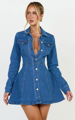 Cleo Mini Dress - Panel Detail Stretch Denim Shirt Dress in Mid Blue Wash