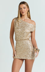 Nora Mini Dress - One Shoulder Blouson Fitted Dress in Gold