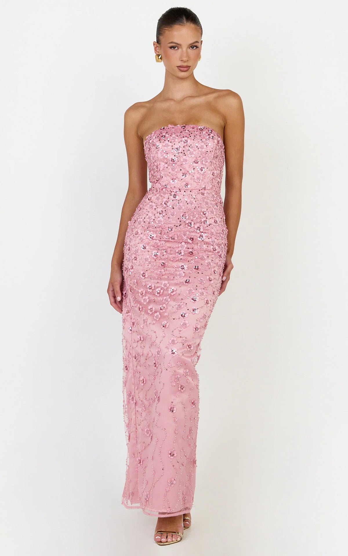 Leona Maxi Dress - Strapless Sequin Column Dress in Pink