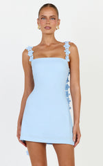 Clementine Mini Dress - 3D Floral Strap Dress in Blue