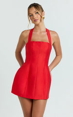 Lucie Mini Dress - Halter Neck Tulip Dress in Red