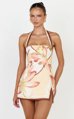 Robyn Mini Dress - Square Neck Halter Neck Faux Wrap Dress in Yellow Retro Flower Border Print