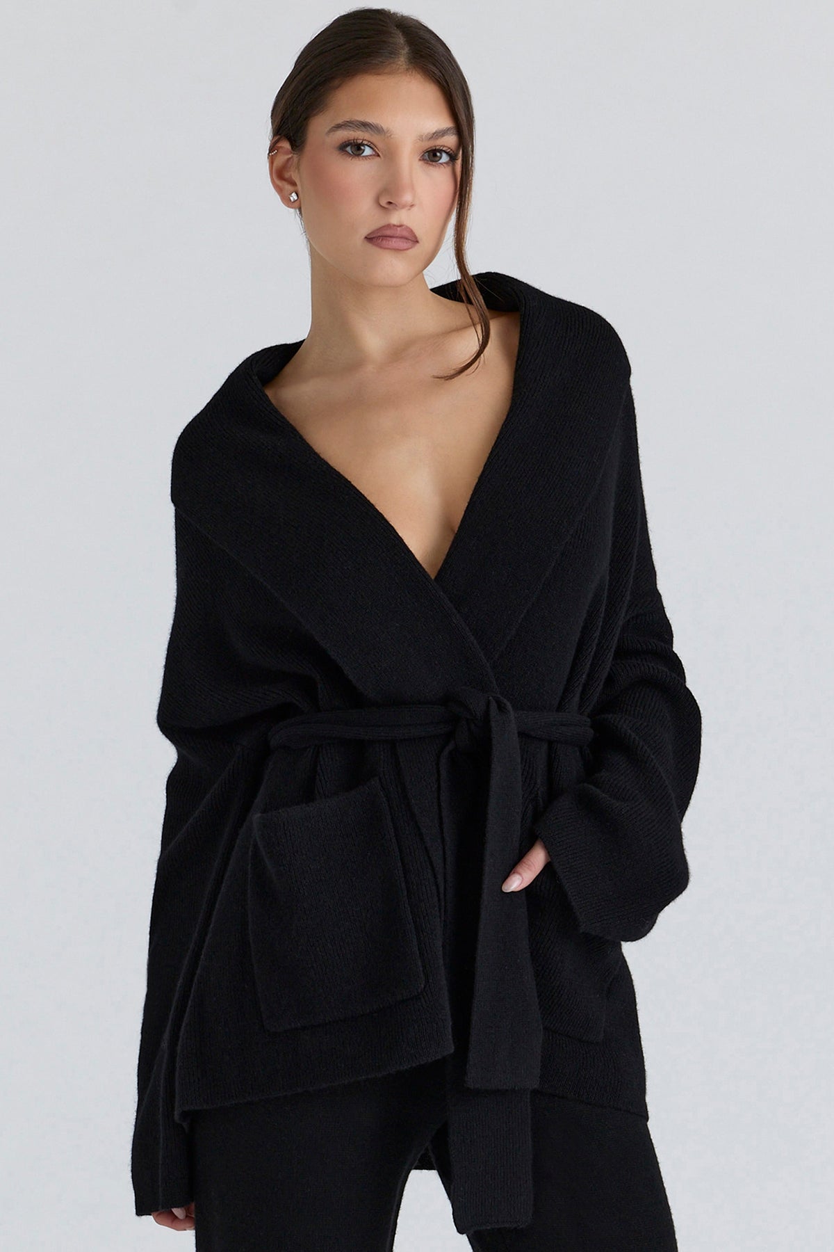 Black Pure Wool Draped Front Cardigan