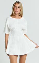 Dylan Mini Dress - High Boatneck Sleeved Fit And Flare Skirt Dress in White