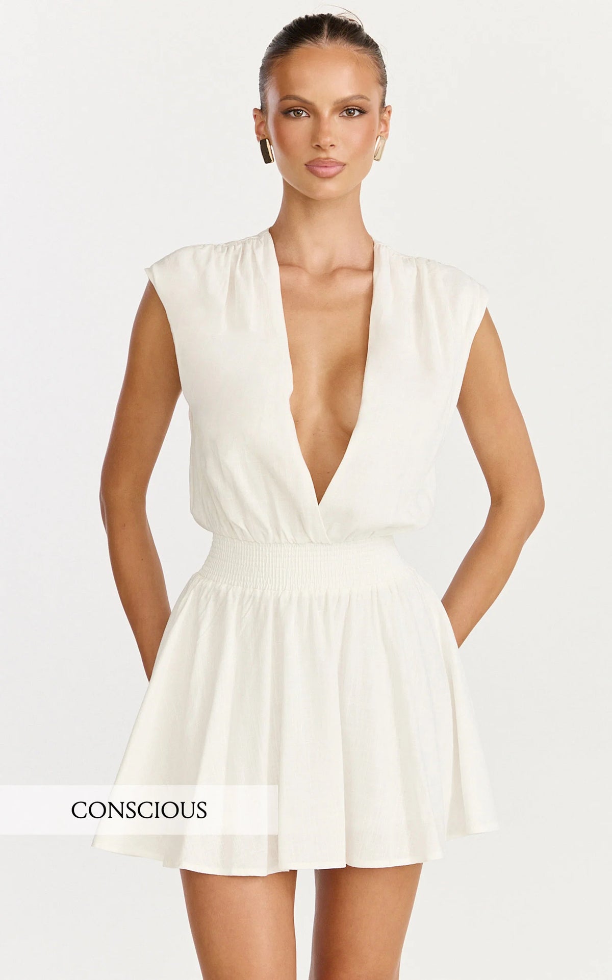 Luisa Mini Dress - Plunge Neckline Linen Blend Fit and Flare Dress in Off White