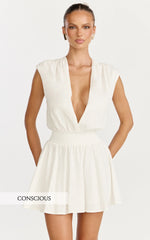 Luisa Mini Dress - Plunge Neckline Linen Blend Fit and Flare Dress in Off White