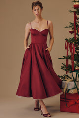 Wine Satin Tulle Midi Dress