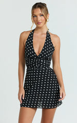 Sybil Mini Dress - Plunge Halter Low Back A Line Dress in Black Polka Dot