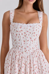 White Rose Print Cotton Corset Mini Dress
