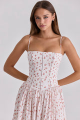 White Rose Print Cotton Midi Sundress
