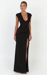 Lilo Maxi Dress - V Neck Cap Sleeve Dress in Black