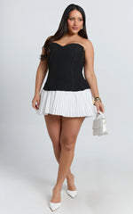 Deb Mini Dress - Strapless Sweetheart Contrast Bodice Pleated Dress in White/Black