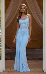 Melville Maxi Dress - Lace Bodice Draped Front Halter Dress in Blue