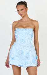 Delphine Mini Dress - Strapless Floral Embellished A Line Dress in Blue