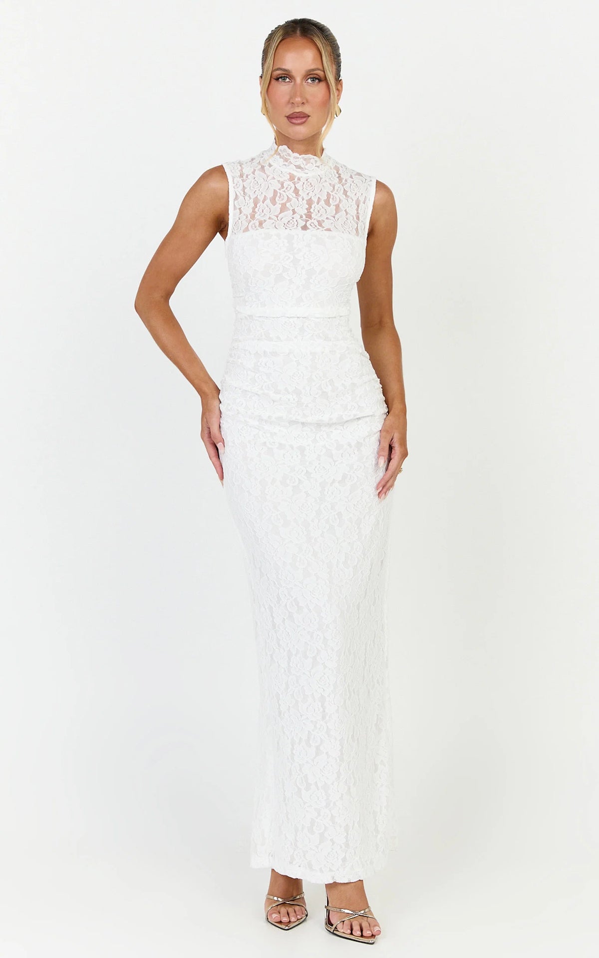 Luna Maxi Dress - Lace High Neck Sleeveless Dress in White