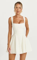 Harmony Mini Dress - Wide Strap Square Neck Fit And Flare Dress in Off White