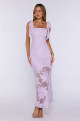 Enchanted Bloom Floral Embroidered Tie Shoulder Maxi Dress Lilac