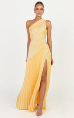Clarissa Maxi Dress - One Shoulder Pleated Dress in Butter Yellow