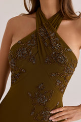 Bronze Georgette Hand Embellished Beaded Halter Maxi Dress