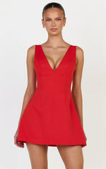Karissa Mini Dress - V Neck Fit And Flare Dress in Red