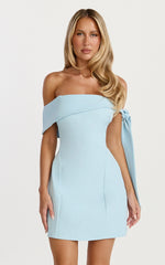 Cecilia Mini Dress - Off Shoulder Tie Detail Dress in Pale Blue
