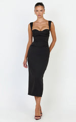 Kenna Midi Dress - Gathered Bust Tucked Waist Dress in Black