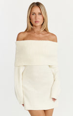 Erin Mini Dress - Cable Knit Off Shoulder Long Sleeve Dress in Cream
