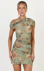 Jem Mini Dress - Asymmetrical Neckline Cap Sleeve Dress in Multi