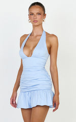 Harper Mini Dress - Halter Neck Tie Drop Waist Ruched Dress in Blue