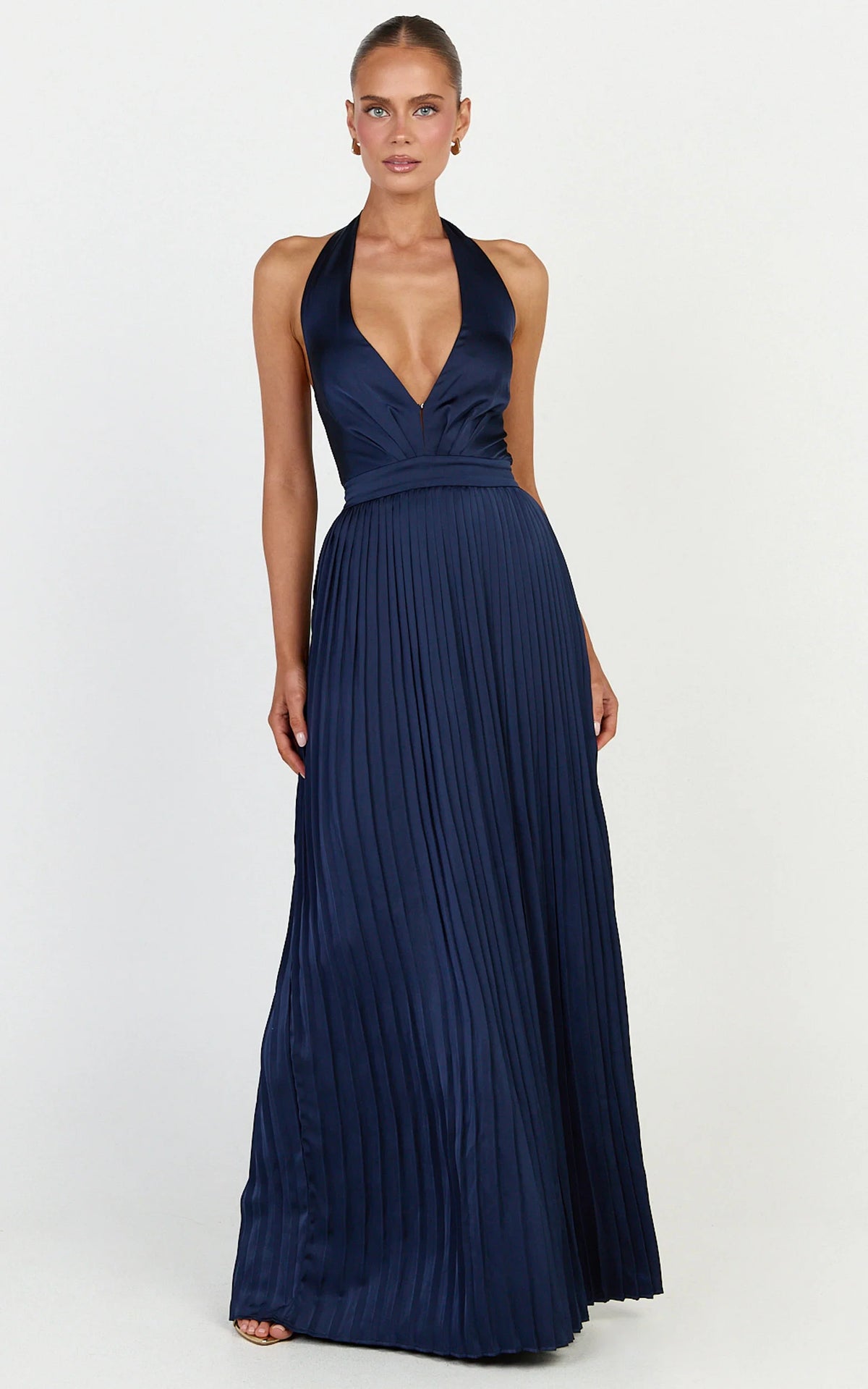 Kayla Maxi Dress - Plunge Neckline Pleated Halter Dress in Navy