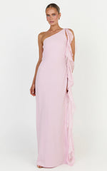 Alani Maxi Dress - Backless One Shoulder Flounce Detail Dress in Pink