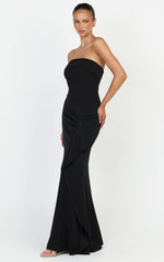 Leda Maxi Dress - Strapless Waterfall Sash Dress in Black