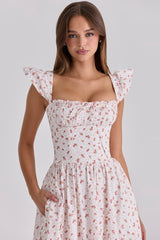 White Rose Print Cotton Midi Sundress