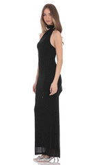 Scarf Ribbed Rhinestone Maxi Dress in Black