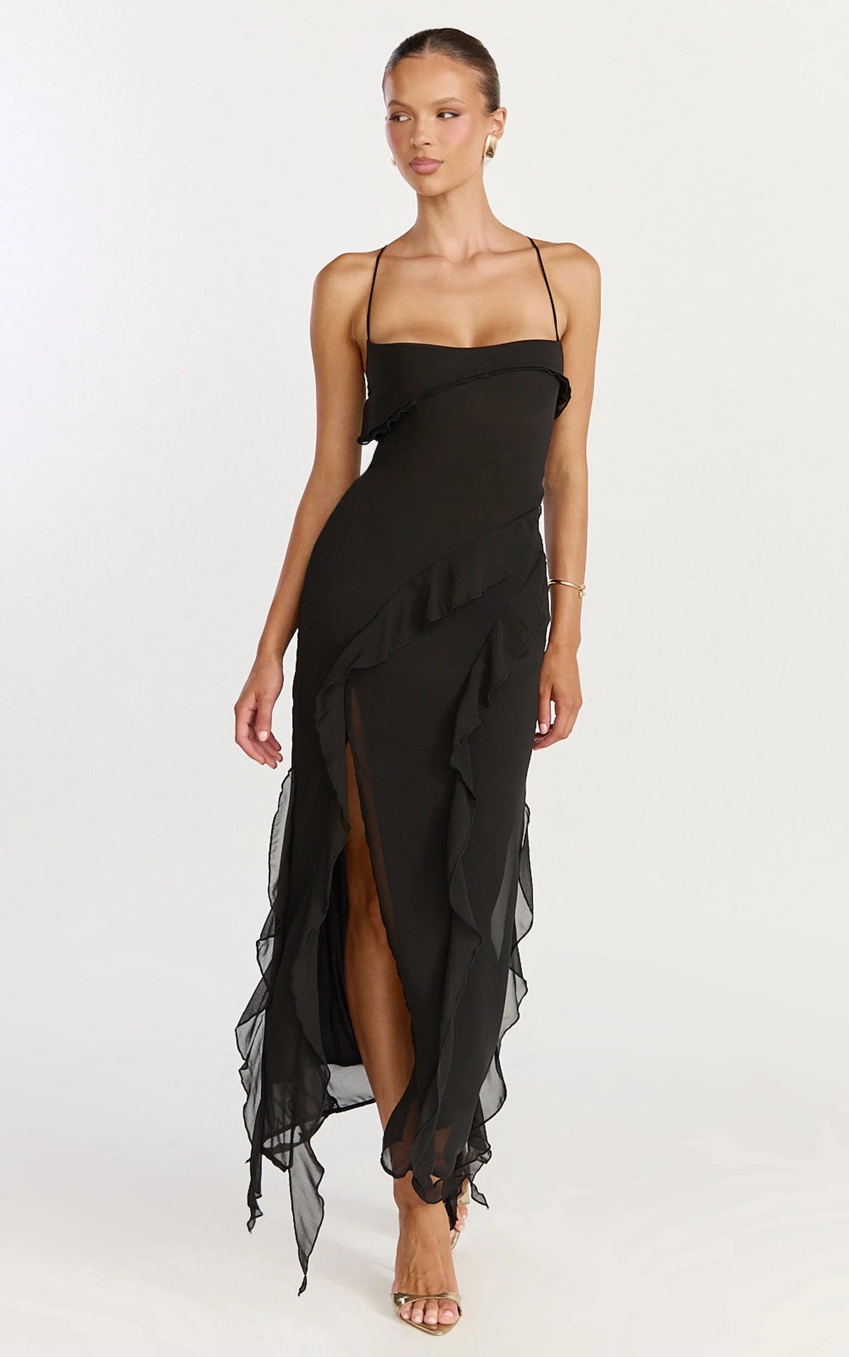 Connie Midi Dress - Ruffle Detail Dress in Black