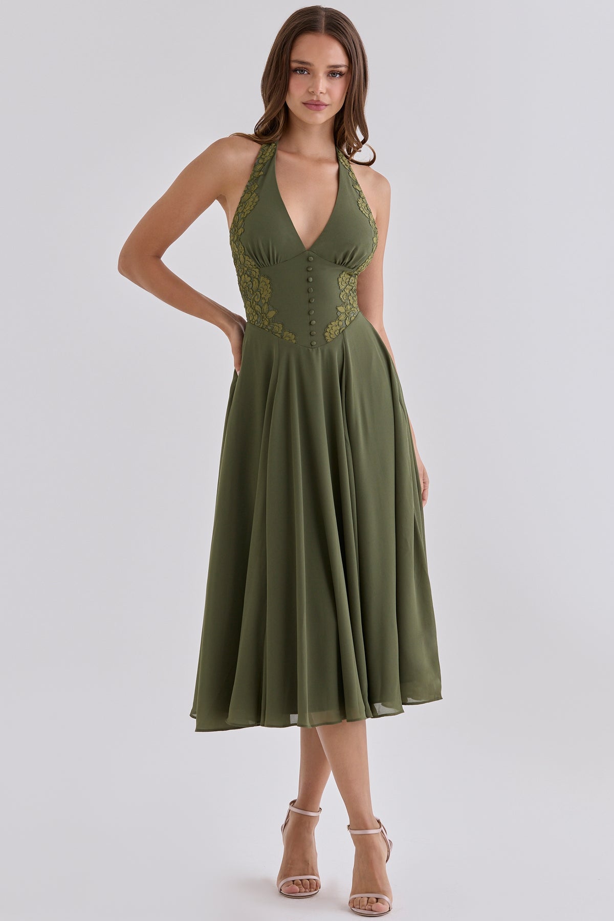 Olive Georgette + Lace Placement Halter Neck Midi Dress