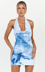 Sunny Mini Dress - Backless Plunge Neck Halter Dress in Skylight Orchid Print