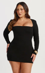 Benji Mini Dress - Square Neck Long Sleeve Bodycon Dress in Black