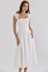 White Cotton Broderie Anglaise Trim Midi Sundress