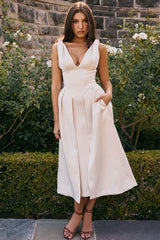Vintage Cream Satin Pleated Midi Dress