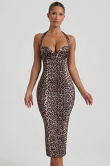 Layered Halterneck Bodycon Midi Dress in Leopard Print