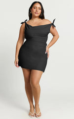 Jeofina Mini Dress - Off The Shoulder Linen Look Dress in Black