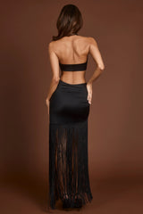 Fringed Plunge-Neck Maxi Dress in Black