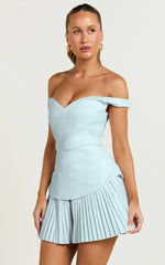 Izara Mini Dress - Off Shoulder Pleated Dress in Blue