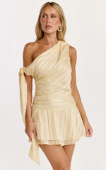 Giselle Mini Dress - Asymmetrical One Shoulder Tie Detail Dress in Lemon