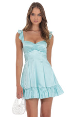 Satin Ruffle Fit and Flare Dress in Aqua