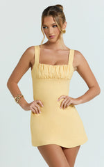 Welmina Mini Dress - Square Neck Front Placket Dress in Lemon